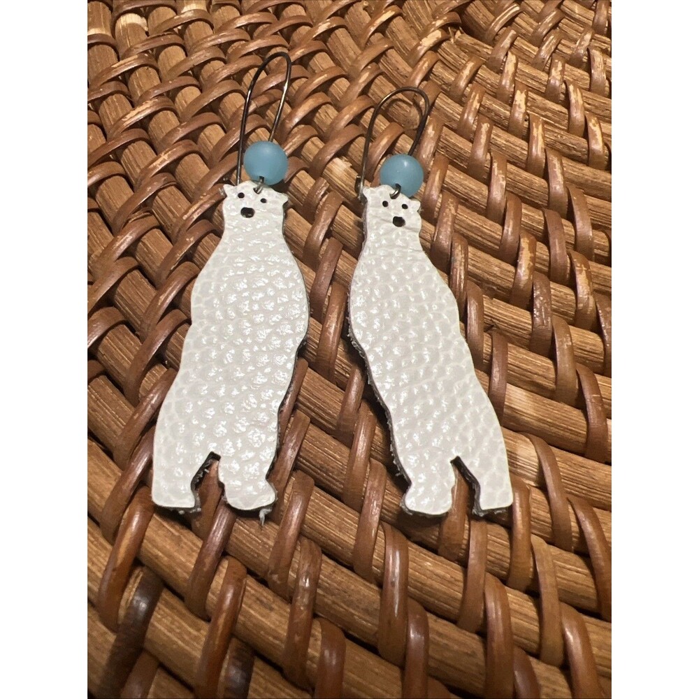 White Leather Polar Bear Earrings With Blue Beads Handmade